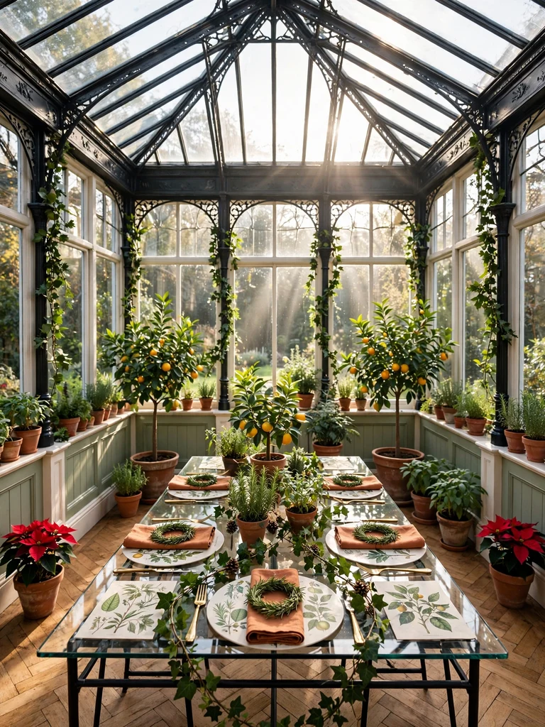 Victorian conservatory Christmas dining table among potted citrus trees, herbs and trailing ivy in morning light