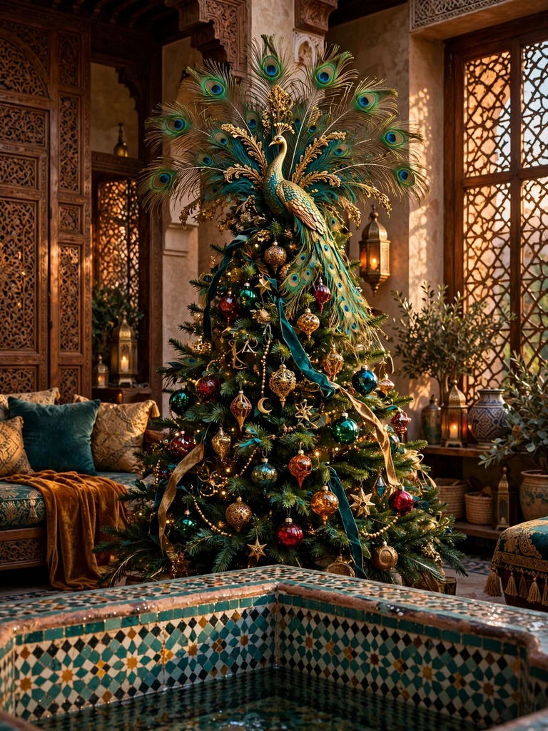 Gilded peacock plume tree topper on a jewel-toned tree in a Moroccan riad salon