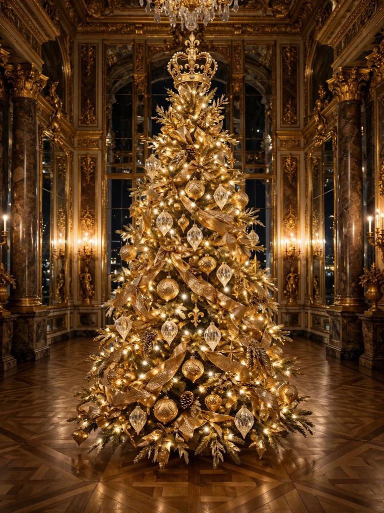 Majestic all-gold Christmas tree with gilded ornaments in a baroque ballroom