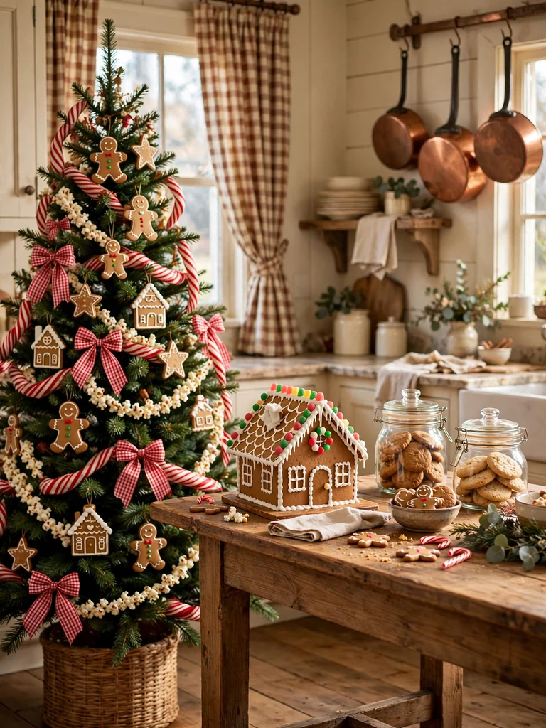Playful Christmas tree with gingerbread cookie ornaments and candy-cane ribbons in a farmhouse kitchen