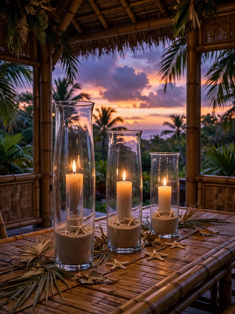 Three glass hurricane vases with lit candles over sand and starfish on bamboo table at dusk