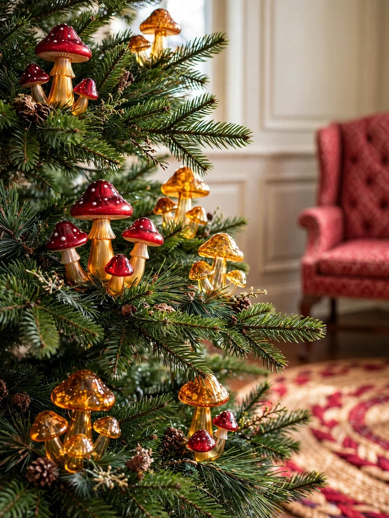Glass mushroom ornaments in red and amber nestled among pine branches in a New England colonial room
