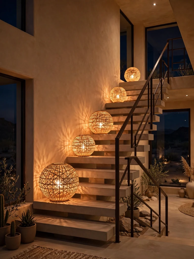 Modern desert home staircase at night with glowing rattan orb lanterns on concrete stairs