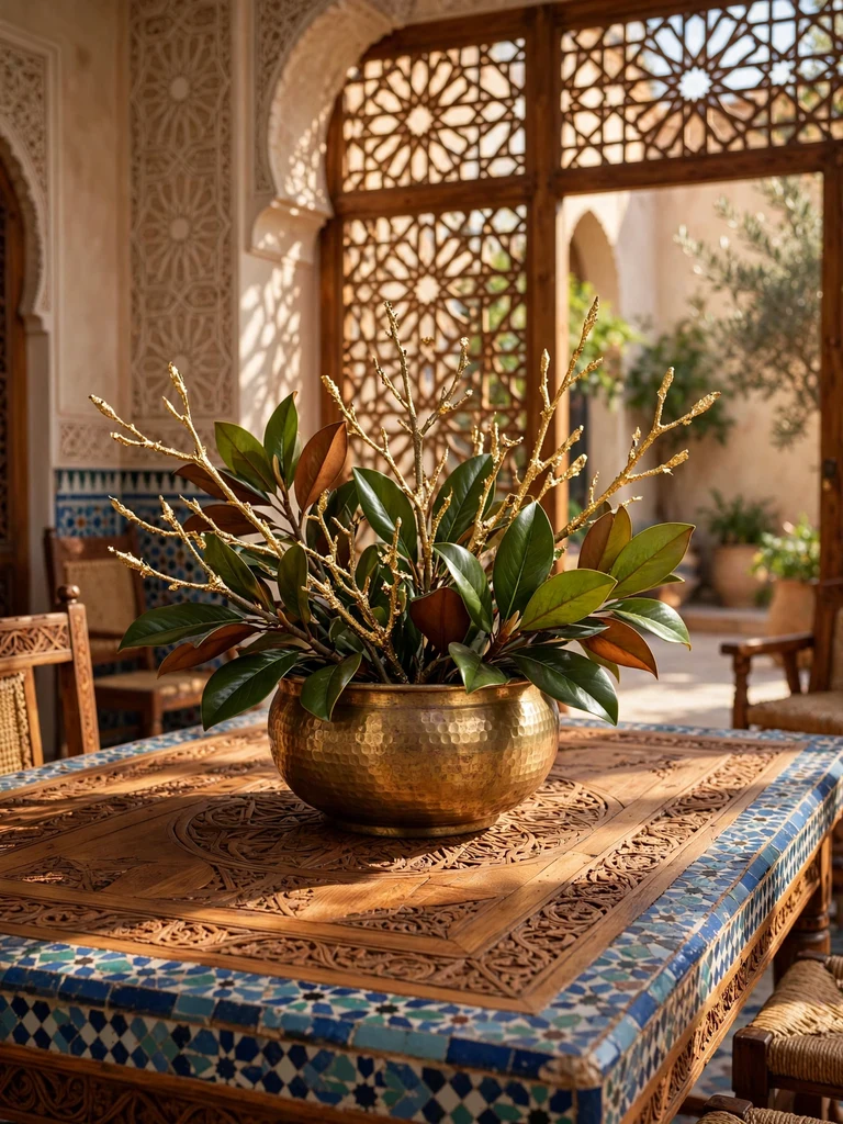 Hammered brass bowl with gold-leaf tipped branches and magnolia leaves on carved cedar table