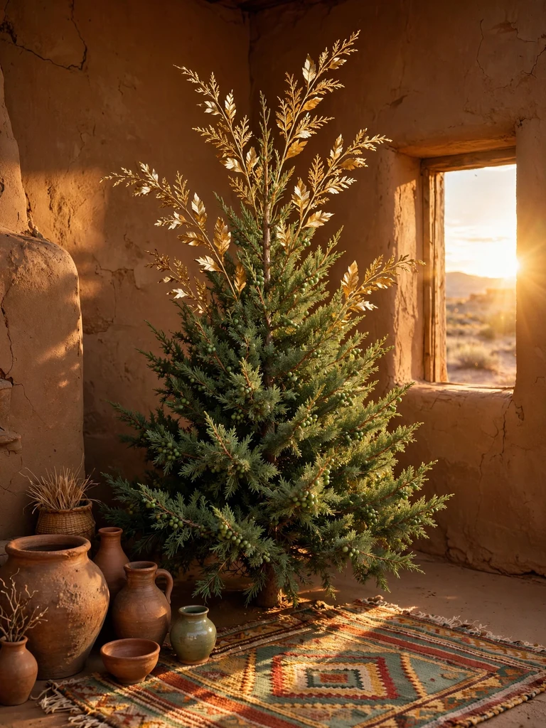 Metallic gold leaf spray picks rising from a juniper Christmas tree in a desert adobe home