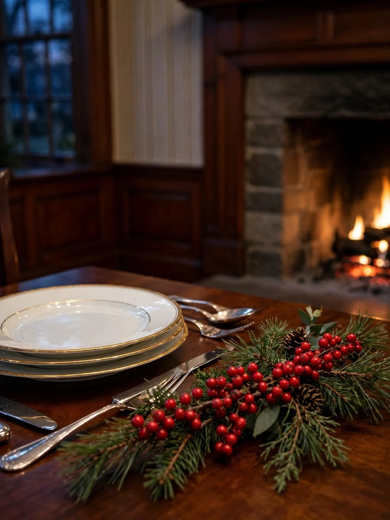 White porcelain plates with gold rims stacked on a cherrywood table with berries and pine in a colonial dining room
