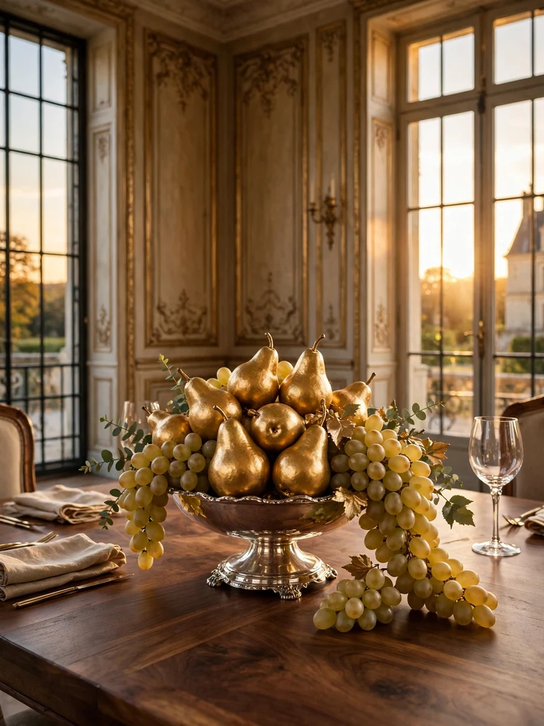 Gilded golden pears and champagne grapes spilling from silver footed bowl on walnut dining table
