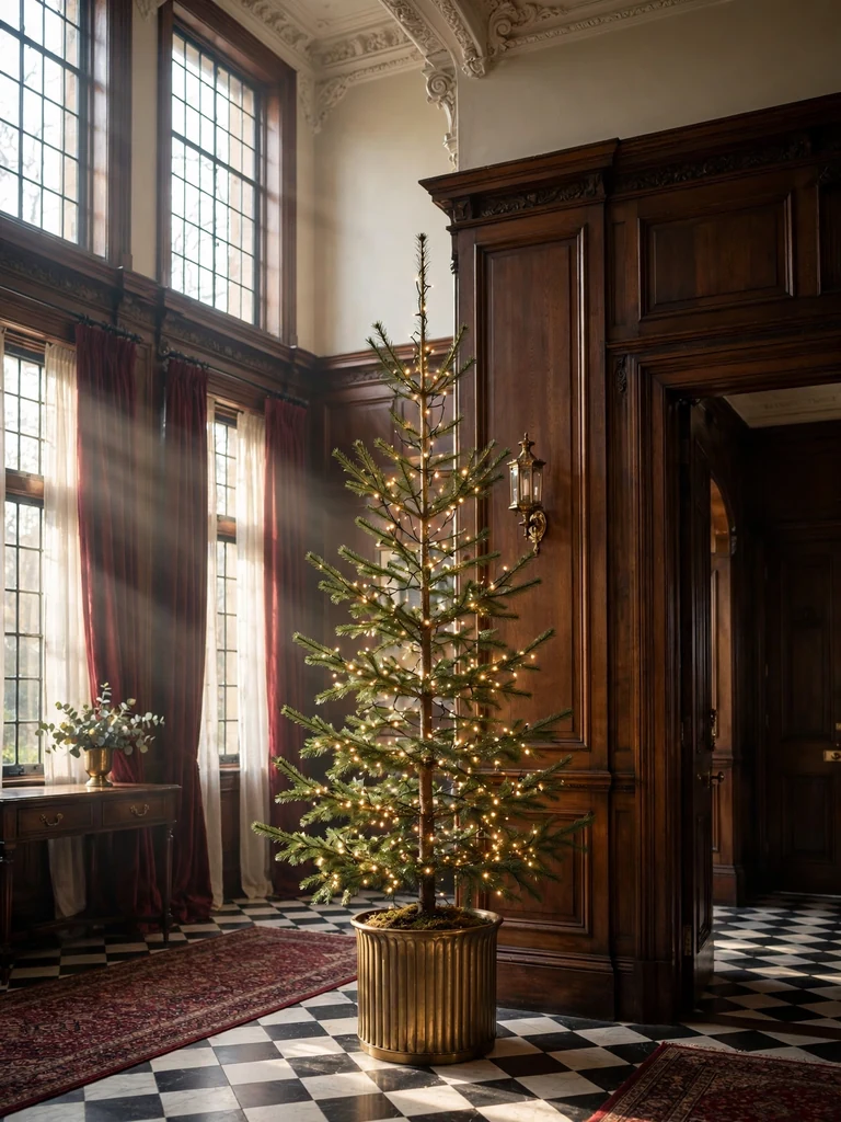 Victorian manor entry hall with a slim pencil pine in a brass planter wrapped in fairy lights