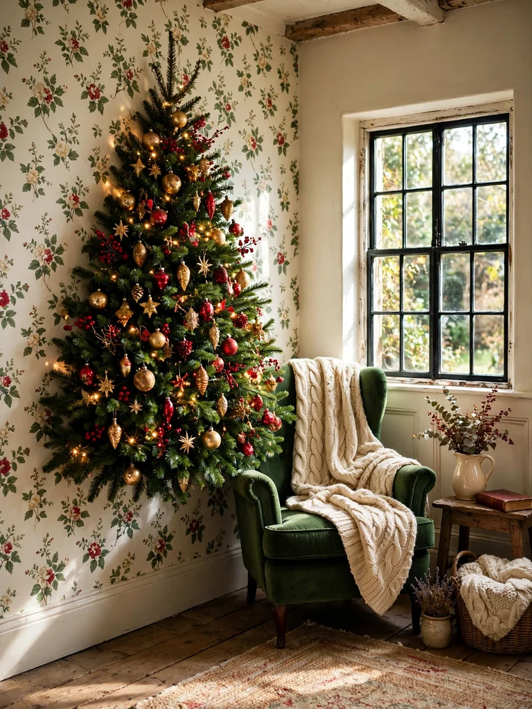 Half Christmas tree with flat back placed against a floral wall in an English cottage sitting room