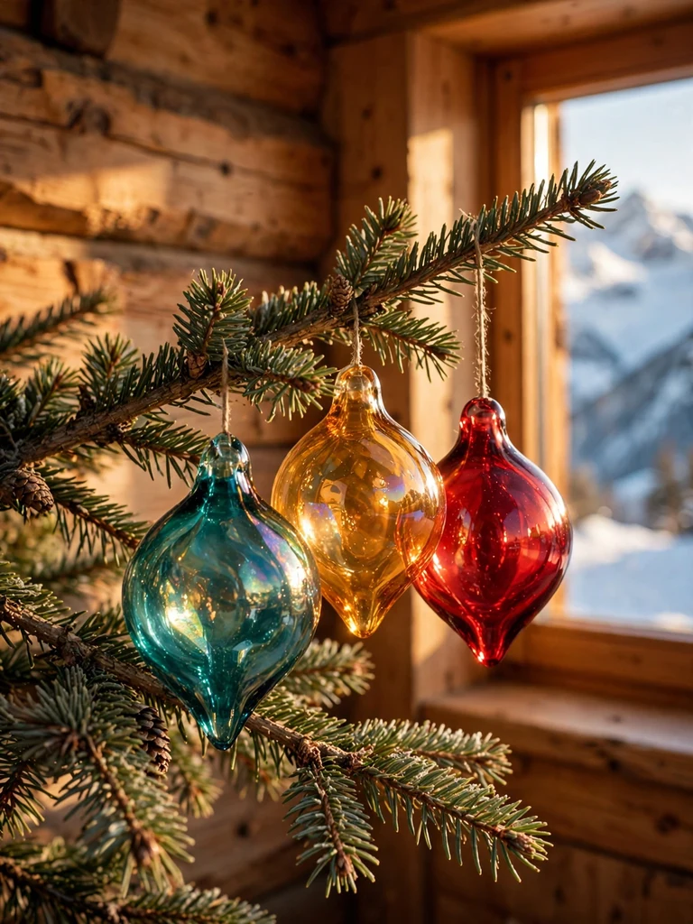 Iridescent handblown glass baubles in teal, amber and ruby on a spruce branch at golden hour