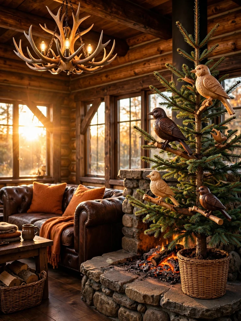 Handcarved wooden bird ornaments perched on a spruce tree in a log cabin great room