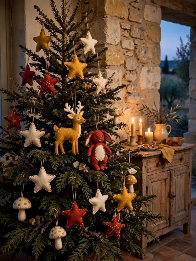 Handmade felt deer rabbit and star ornaments on a cedar Christmas tree in a Provencal farmhouse