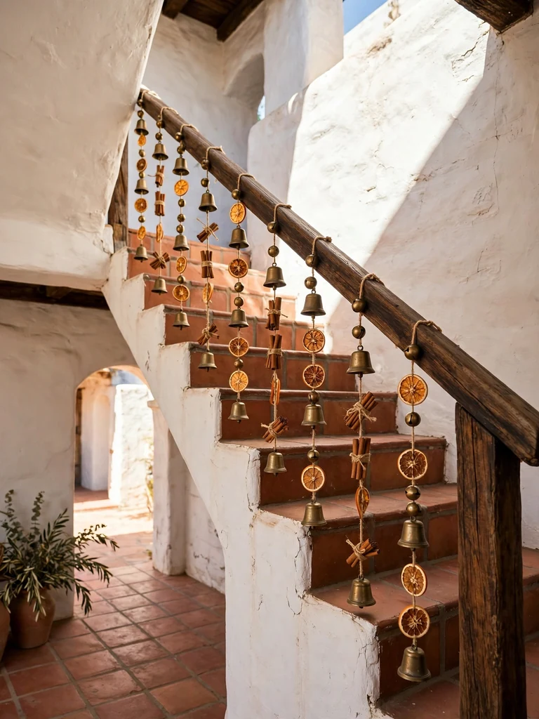 Spanish colonial staircase at midday with brass bell garlands, dried oranges and cinnamon on the banister