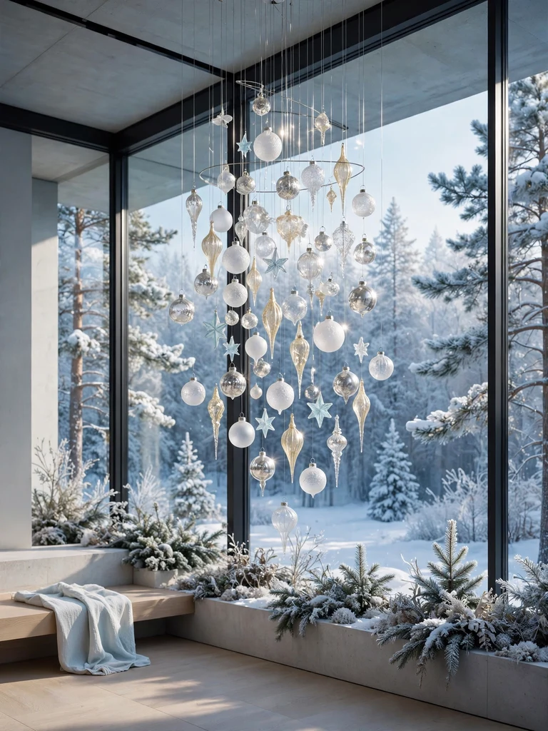 Glass Christmas ornament mobile catching sunlight before snowy windows in a glass pavilion