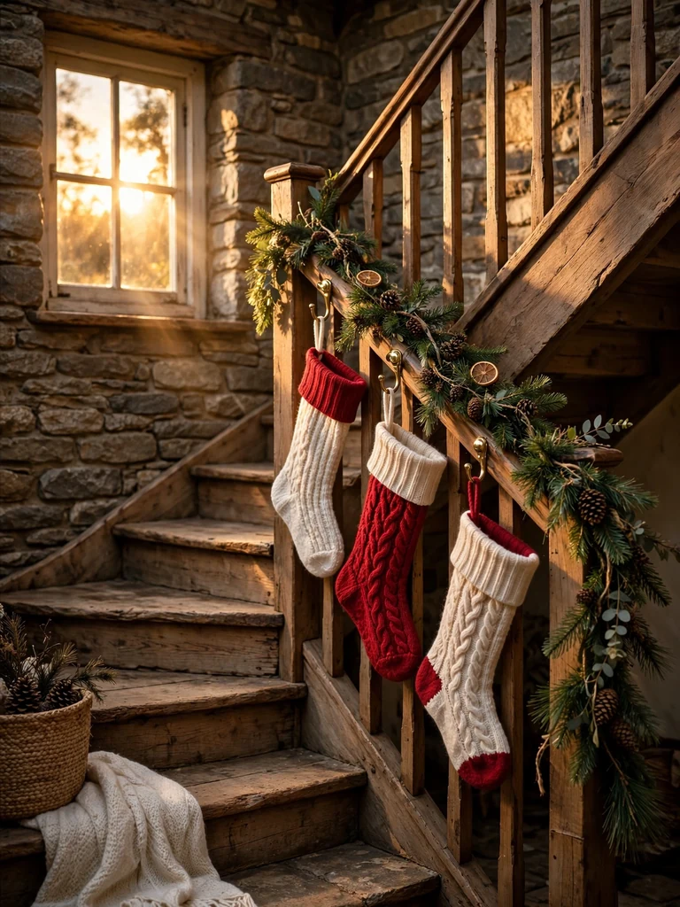 Stone cottage staircase at golden hour with knit stockings hung from the wooden banister