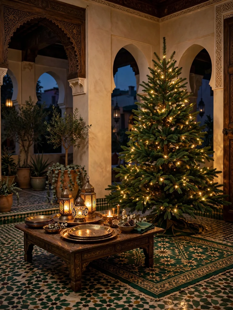 Soft lights hidden behind Christmas tree branches glowing through boughs in a Moroccan riad
