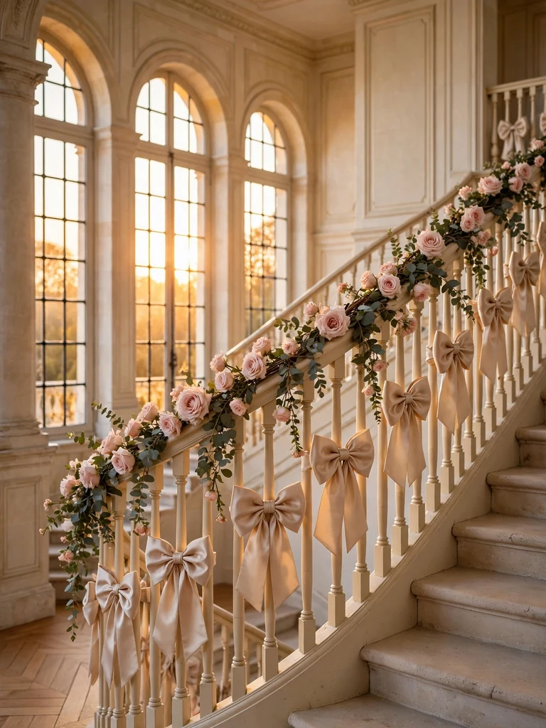 French chateau staircase at golden hour with champagne silk bows and blush roses on the balustrade