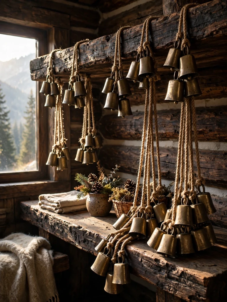 Rustic brass cowbell strands draped on jute rope along a rough-hewn cabin shelf