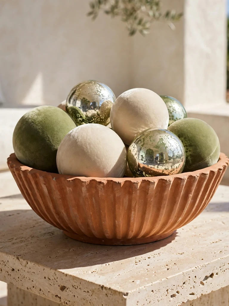 Mediterranean villa close-up of a fluted terracotta bowl filled with velvet and mercury glass holiday baubles