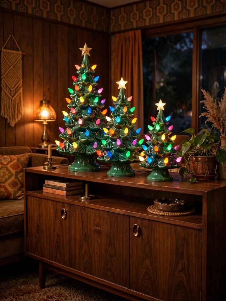 Vintage emerald ceramic Christmas trees glowing with colorful bulbs in a retro living room