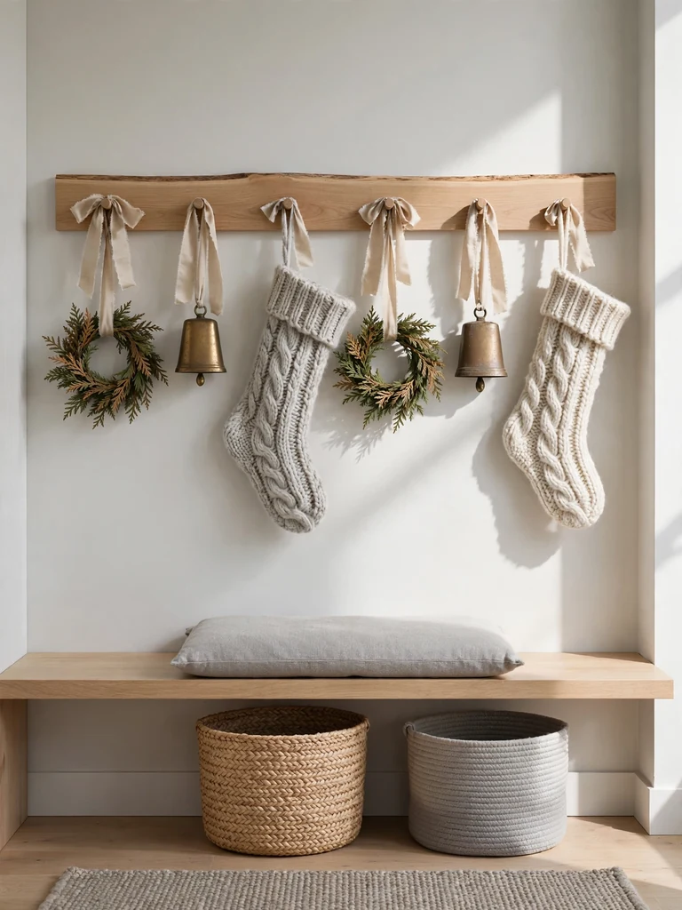 Scandinavian mudroom peg rail with mini cedar wreaths, brass cowbells and a wool stocking
