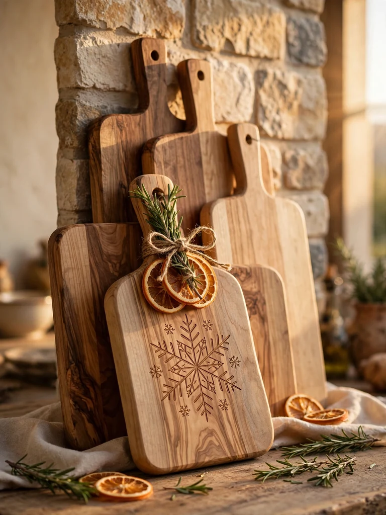 Tuscan kitchen with layered wooden cutting boards and etched snowflake cheese board against stone backsplash