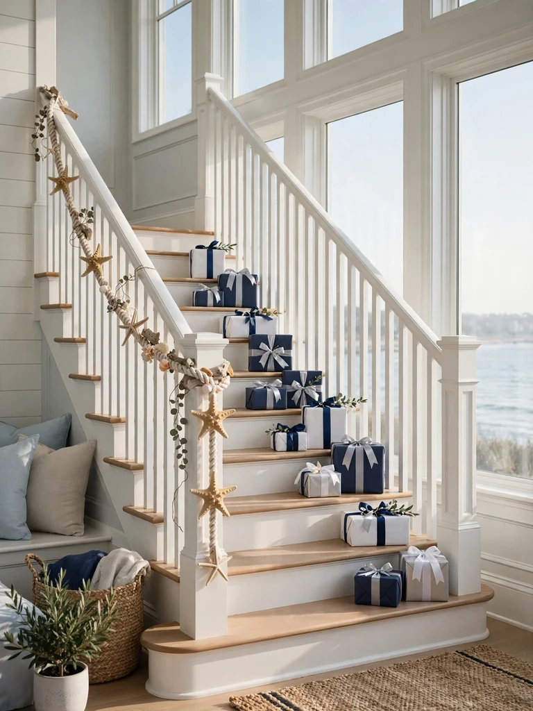 Hamptons coastal staircase in morning light with navy and silver gifts on the treads and a rope garland