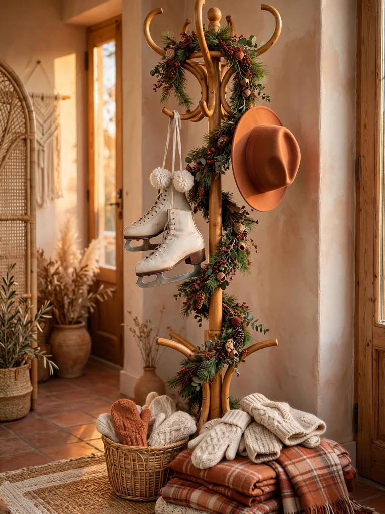 Boho entry with a bentwood coat rack wrapped in pine garland, ice skates and tartan scarves