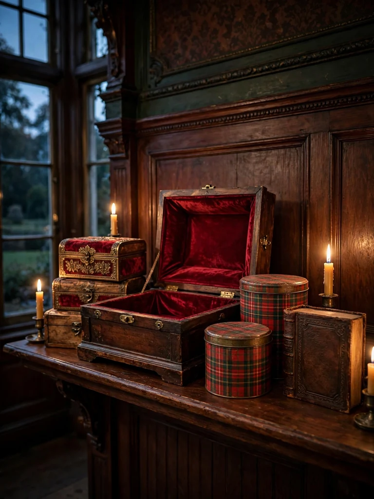 Stacked velvet keepsake boxes and plaid gift tins on a mahogany shelf by candlelight