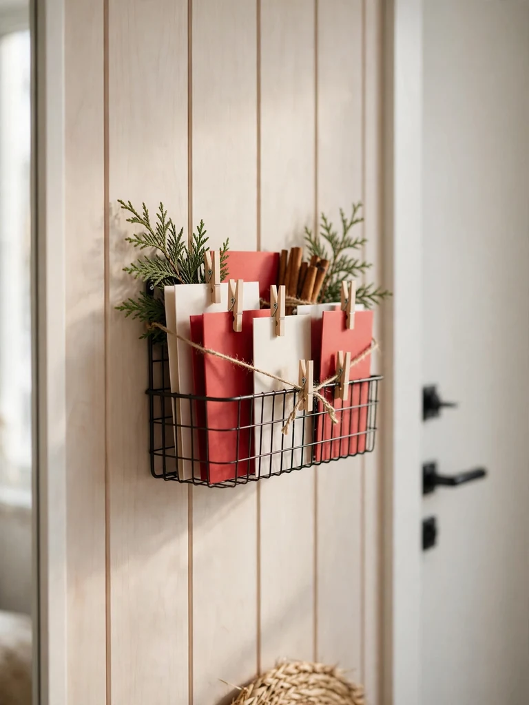Scandinavian entry with a wire mail organizer displaying Christmas cards on wooden clothespins