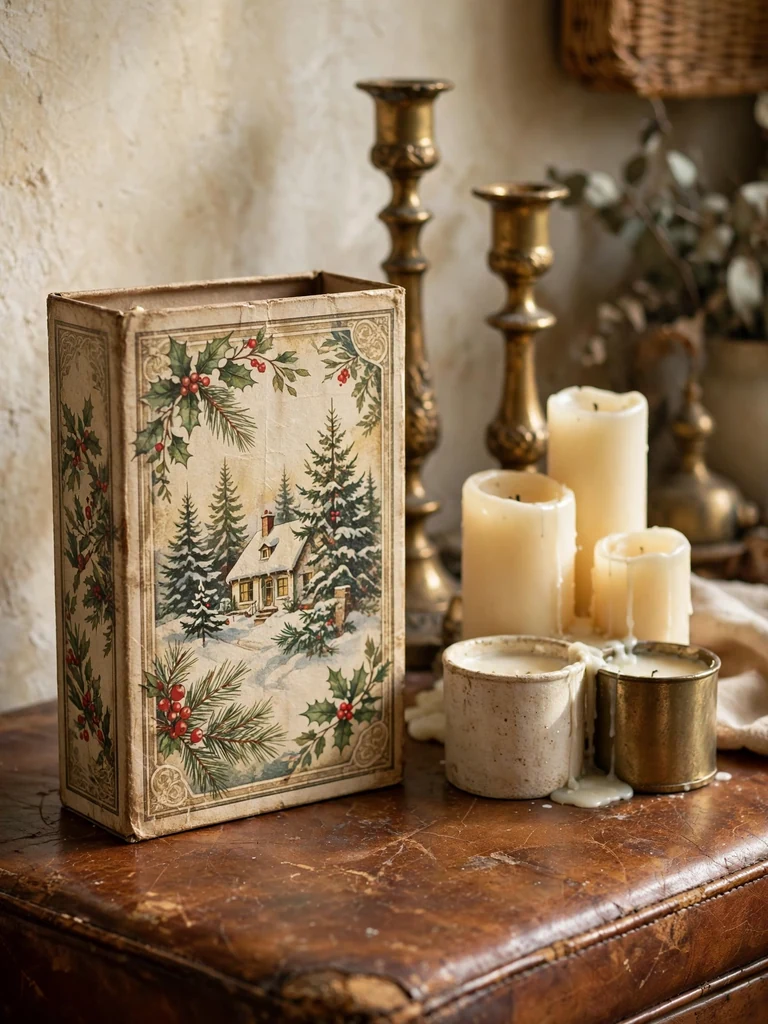 Eclectic vintage apartment close-up of an oversized vintage holiday matchbox beside cream pillar candles