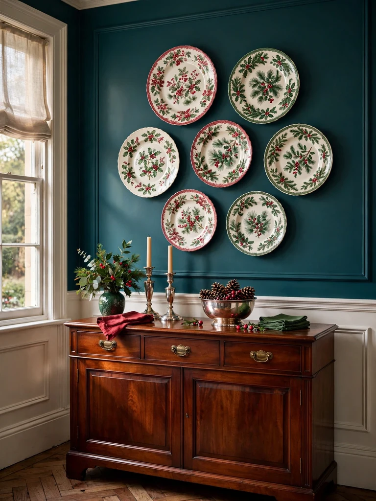 Vintage Christmas transferware plates arranged on a deep teal dining room wall