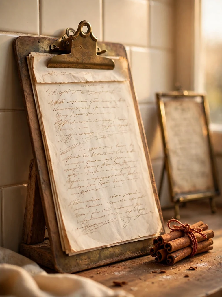 French country kitchen recipe board with brass clipboard, handwritten holiday recipe and cinnamon bundle