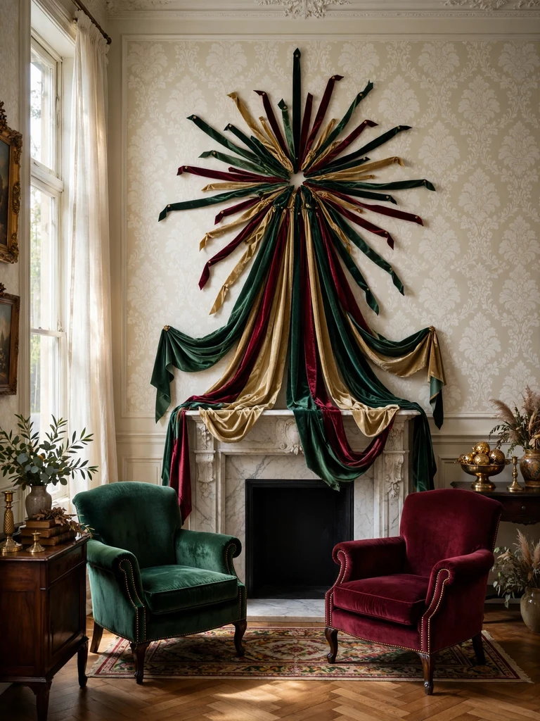 Cascading emerald, burgundy and gold velvet ribbons in a sunburst pattern on a Victorian parlor wall