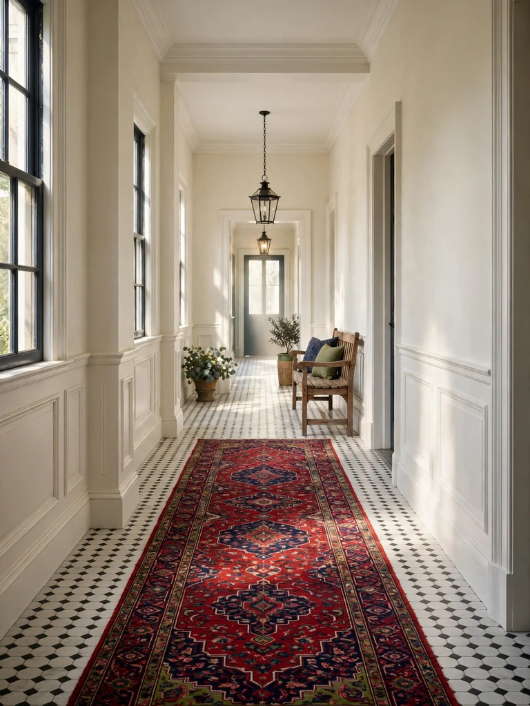 Colonial hallway with a crimson and navy Persian runner rug over checkered tile