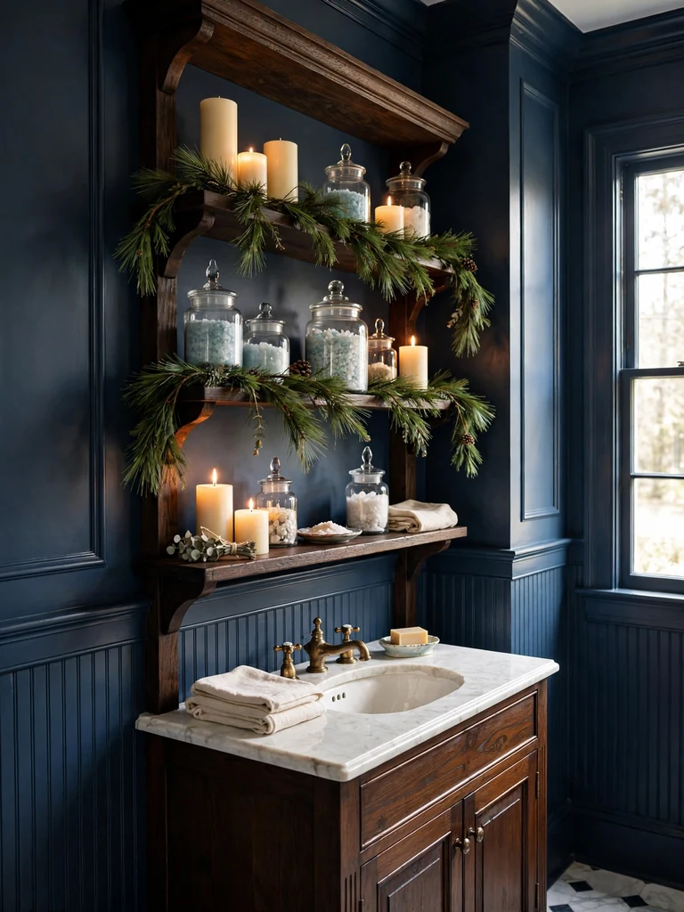 Colonial traditional bathroom with dark wood shelves styled with pine garland, candles and apothecary jars