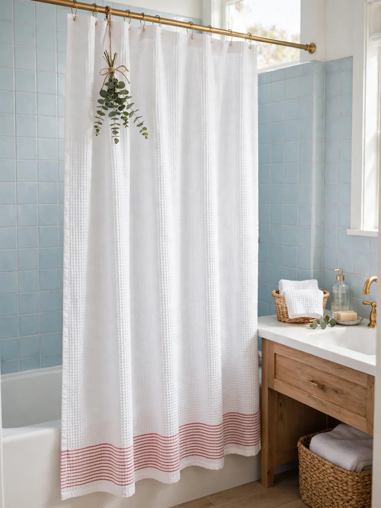 Coastal cottage bathroom with a white waffle shower curtain with red striped hem and eucalyptus sprig in bright daylight