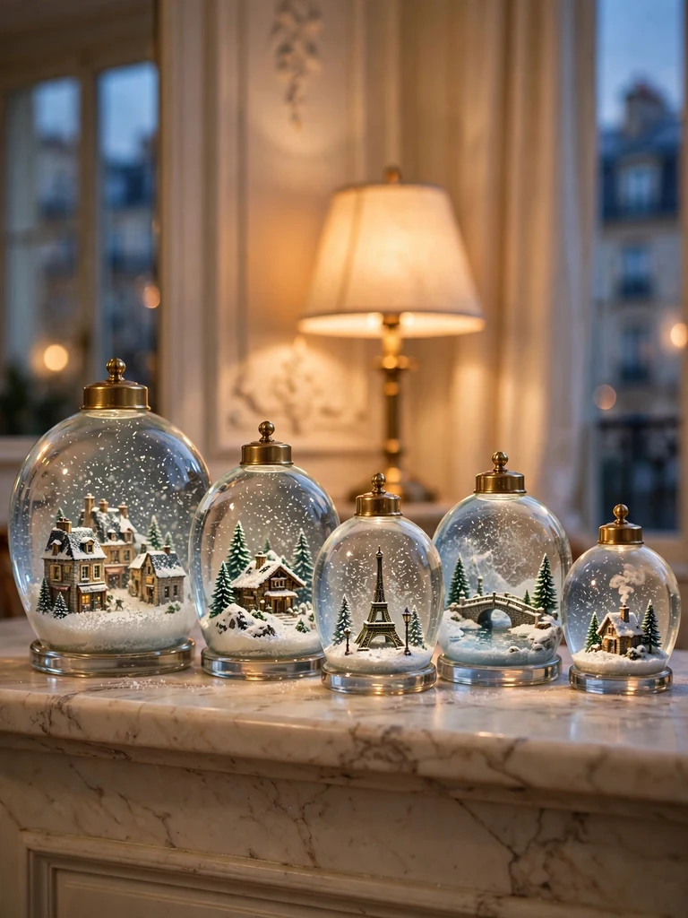 Collection of snow globes in varying sizes arranged on a marble mantel shelf at dusk