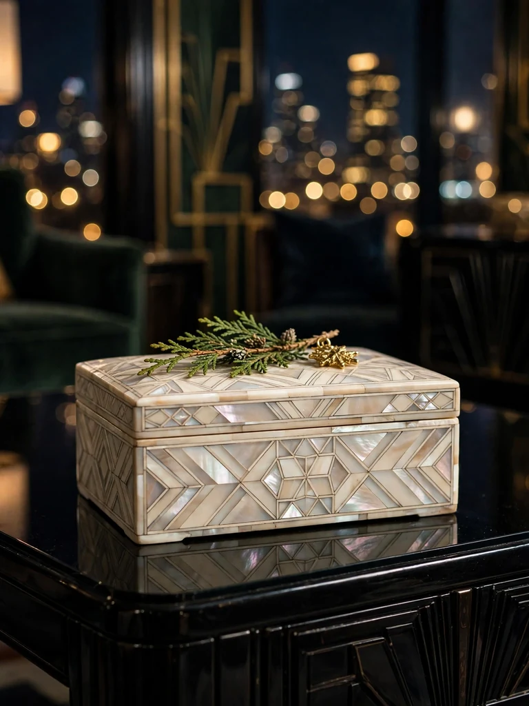 Art deco apartment close-up of a bone inlay trinket box with cedar sprig and gold charm on a black glass table at night