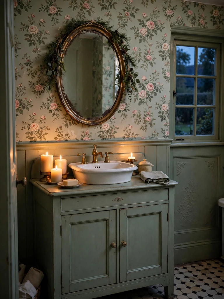 English cottage bathroom at dusk with a vintage vanity styled with pine garland, candles and an oval brass mirror