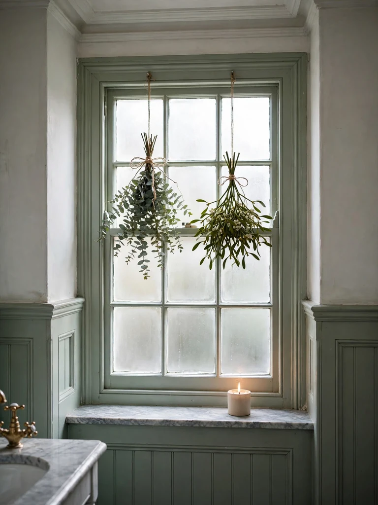 Victorian bathroom with eucalyptus and mistletoe bundles hanging on a frosted sash window above a marble sill with a candle