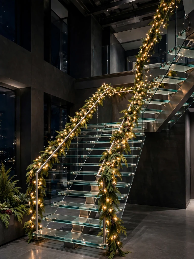 Contemporary glass staircase at night with cedar garland and micro lights glowing on the steel rail
