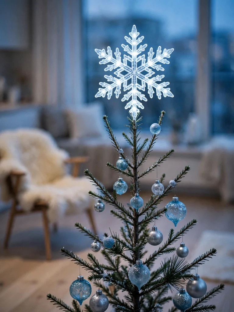 Glowing illuminated snowflake tree topper in a modern Scandinavian apartment at blue hour