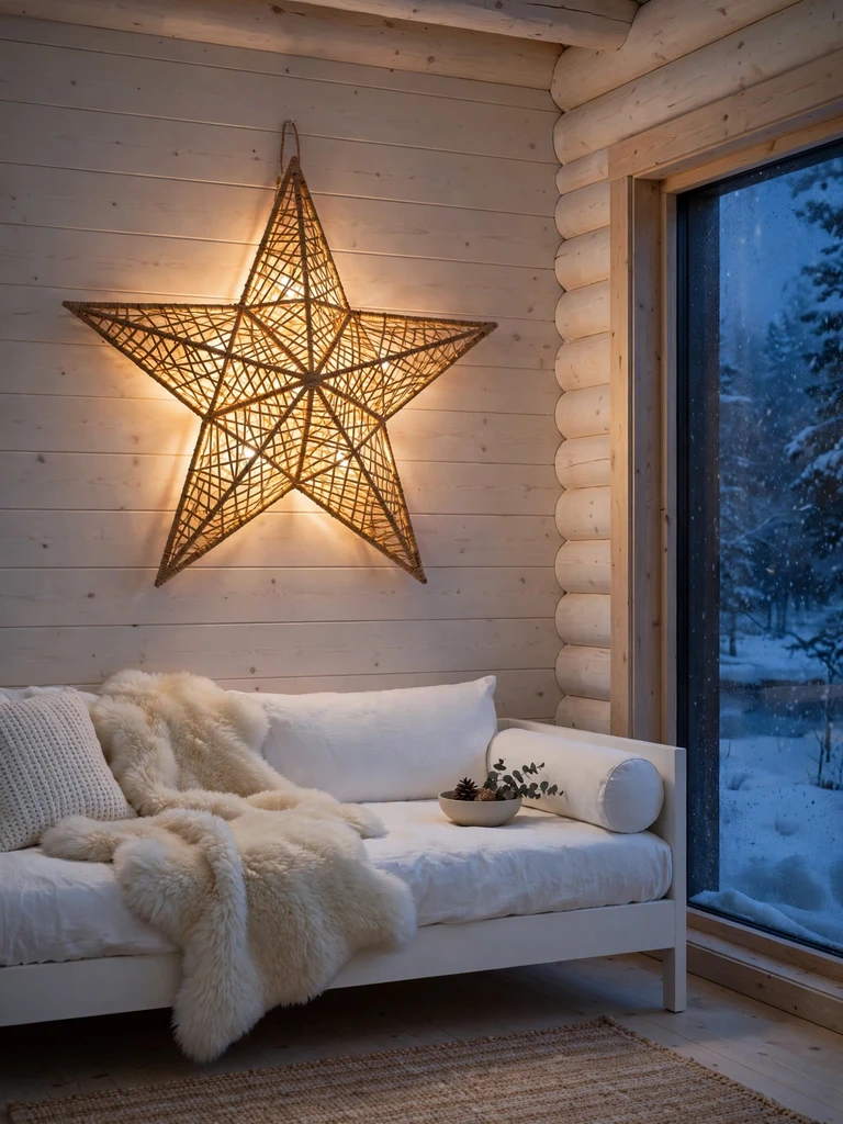 Glowing rattan star wall sculpture above a daybed in a Scandinavian cabin at blue hour