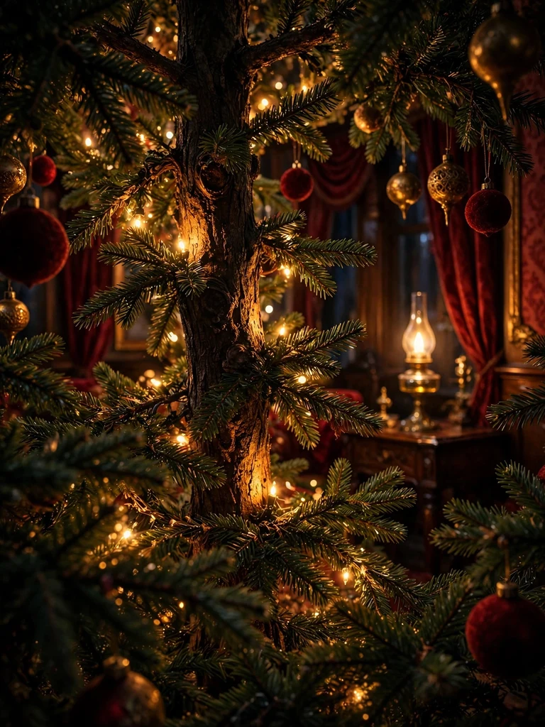 Warm lights glowing from inside Christmas tree branches in a Victorian parlor at night