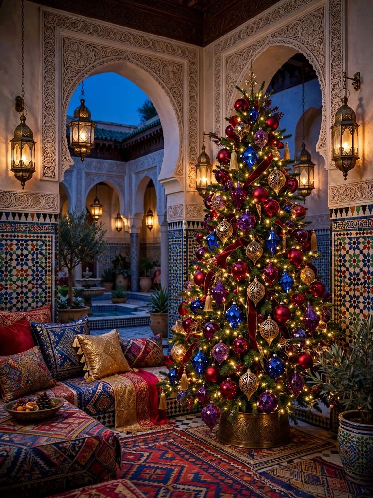 Lavish Christmas tree with ruby and sapphire jewel-toned ornaments in a Moroccan riad salon