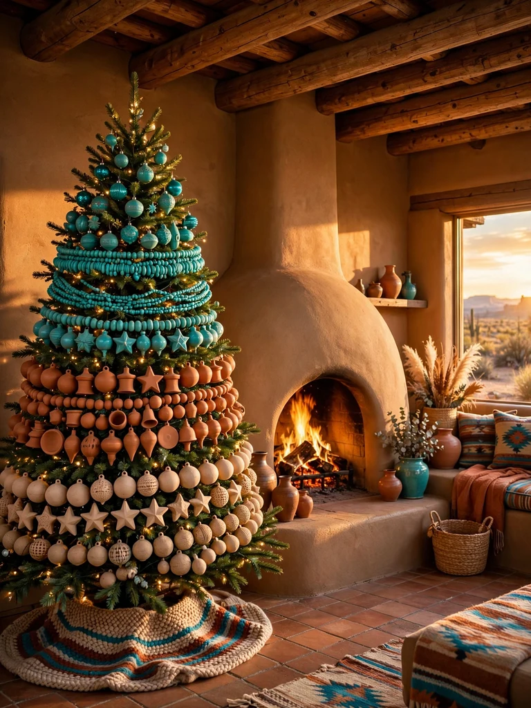 Turquoise and terracotta ornaments in layered bands on a Christmas tree in a desert adobe room at golden hour