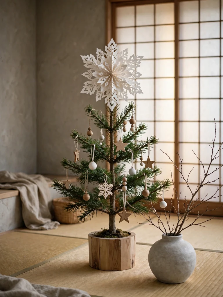 Layered washi paper snowflake tree topper in a serene Japanese wabi-sabi home