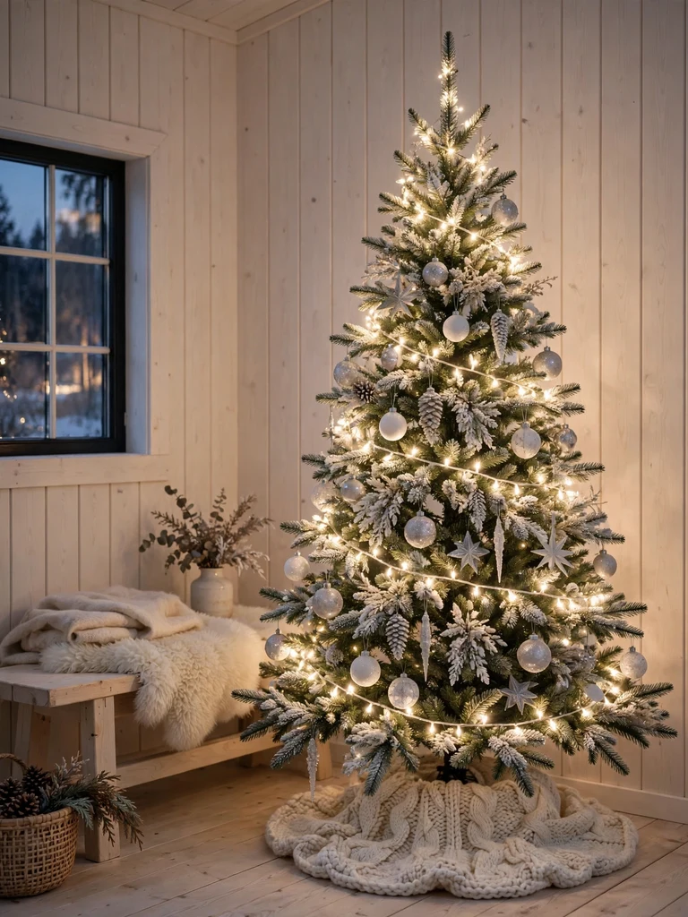Warm-white lights wrapped in a neat spiral on a Christmas tree in a Scandinavian cabin at dusk