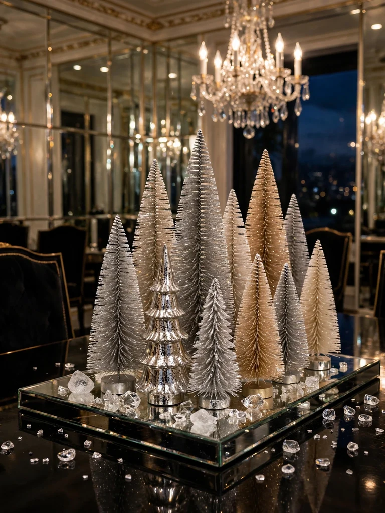Mercury glass Christmas trees in silver and gold on a mirrored tray